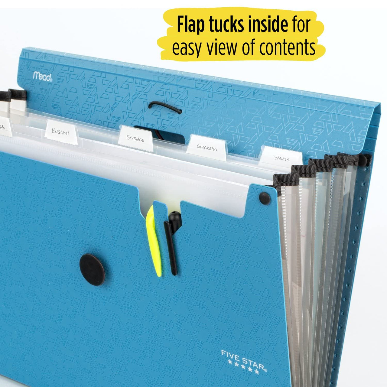 Five Star 6 Pocket Expanding File Organizer, Plastic Expandable File Folders with Pockets and Tab Inserts, Holds 11" x 8-1/2", Bungee Closure, Tidewater Blue (72393)