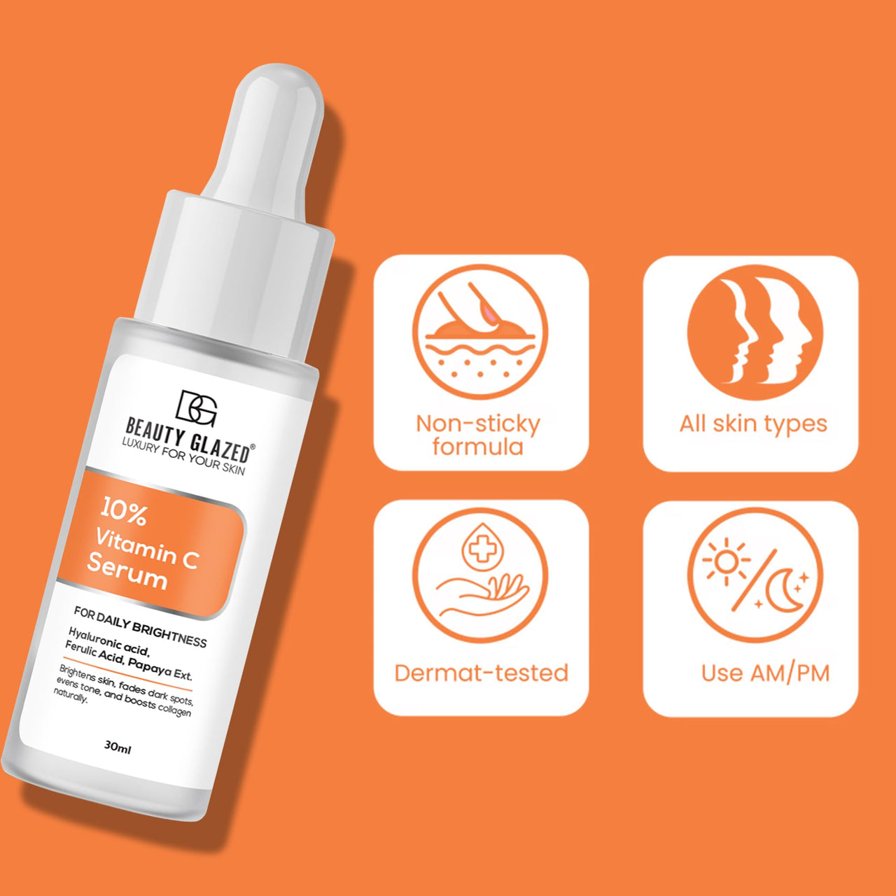 Beauty Glazed Professional 10% Vitamin C Face Serum With Power of 1% Alpha Arbutin, Vita-E, Ferulic Acid | Advance Skin Brightening Formula for Glowing Skin | Uneven Skin Tone | Non Irritating | 30 ml