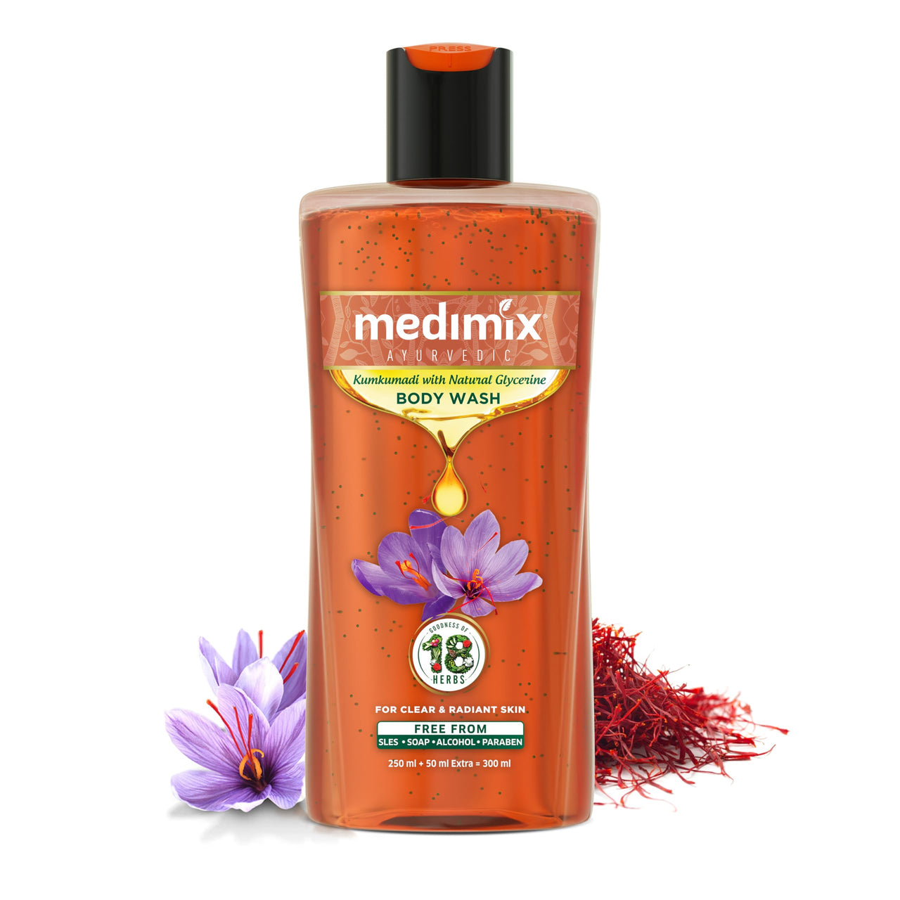 Medimix Ayurvedic Bodywash, Kumkumadi with Natural Glycerine for radiant & revived skin 250 + 50 ml | Shower Gel for Deep Hydration, Replenished & Glowing skin | Herbal | Paraben-free | Sulphate-free