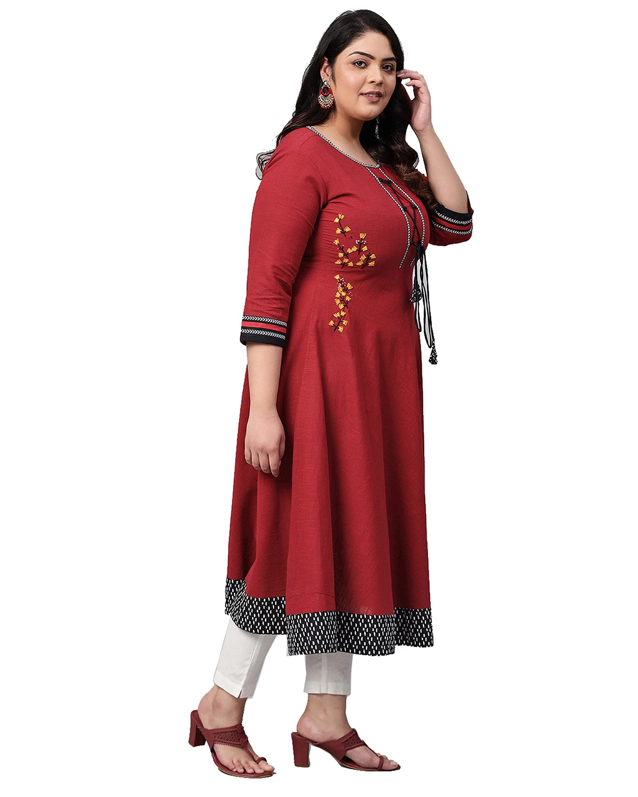 Yash Gallery Women's  Cotton Slub Embroidered Anarkali Kurta Maroon
