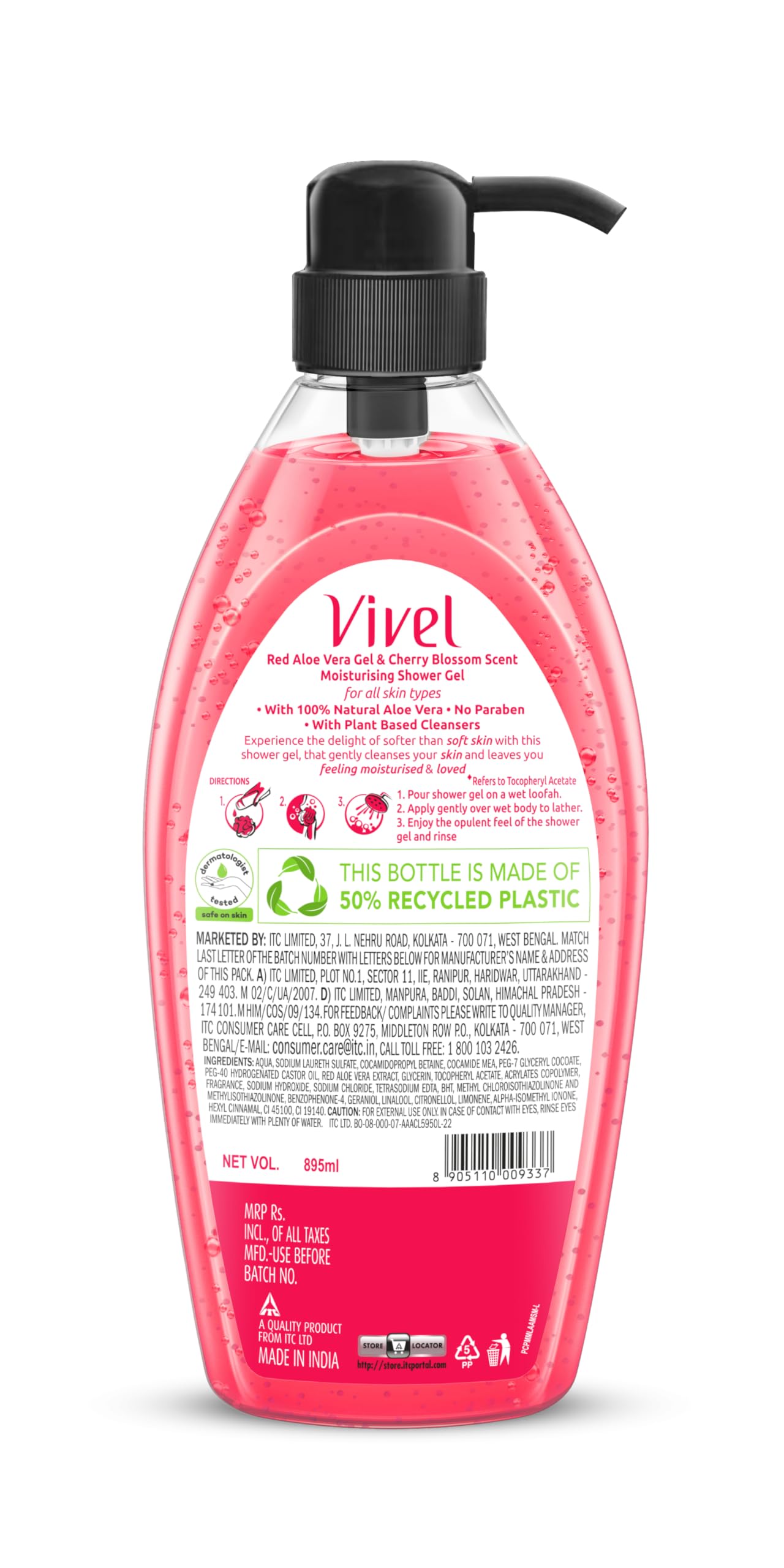 Vivel Red Aloe Vera & Cherry Blossom Scent Shower Gel, 895 ml, Moisturizing Body Wash, with Plant based Cleansers, Body wash Shower Gel for Women & Men, For All Skin Types