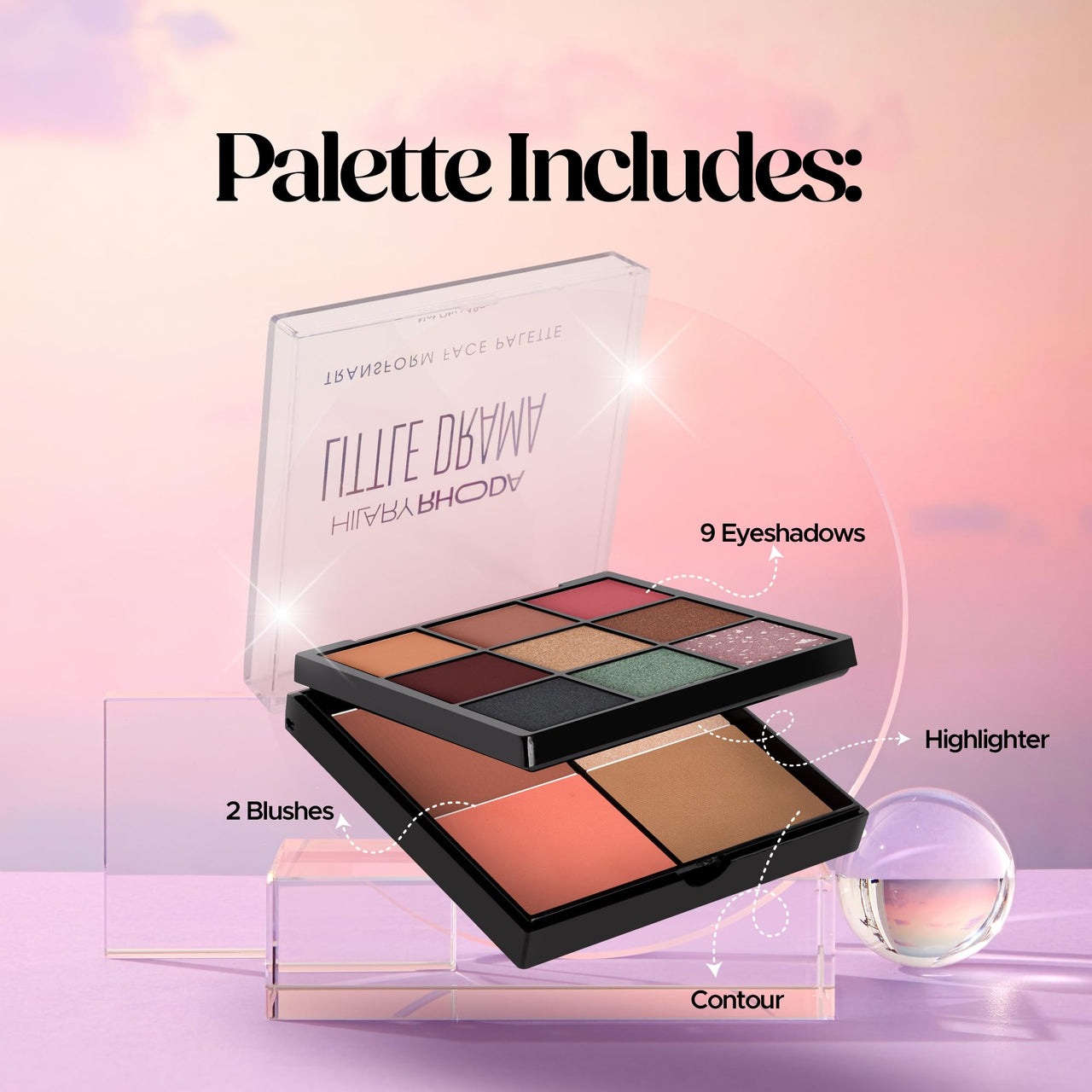 Hilary Rhoda Transform Face Palette | 9 Eyeshadows | 2 Blushes | Highlighter & Contour | Highly Pigmented | Available in 2 Variants | Matte & Shimmer Finish | All-in-One Kit | 18g (Little Drama - Shade 02)