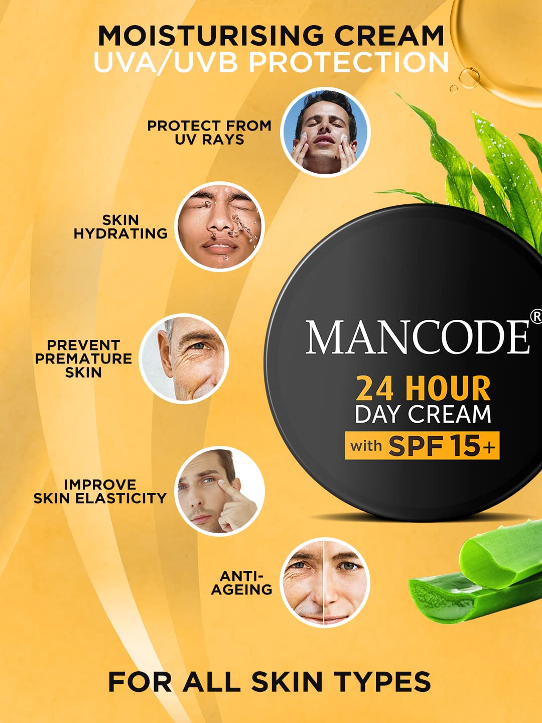 MAN CODE 24 Hours Day Cream For Men Spf 15+ Sun Tan Protection Improves Skin Elasticity Aloe Vera Enriched No Paraben Sulfate 100Gm Creams For Men (Pack Of 1)