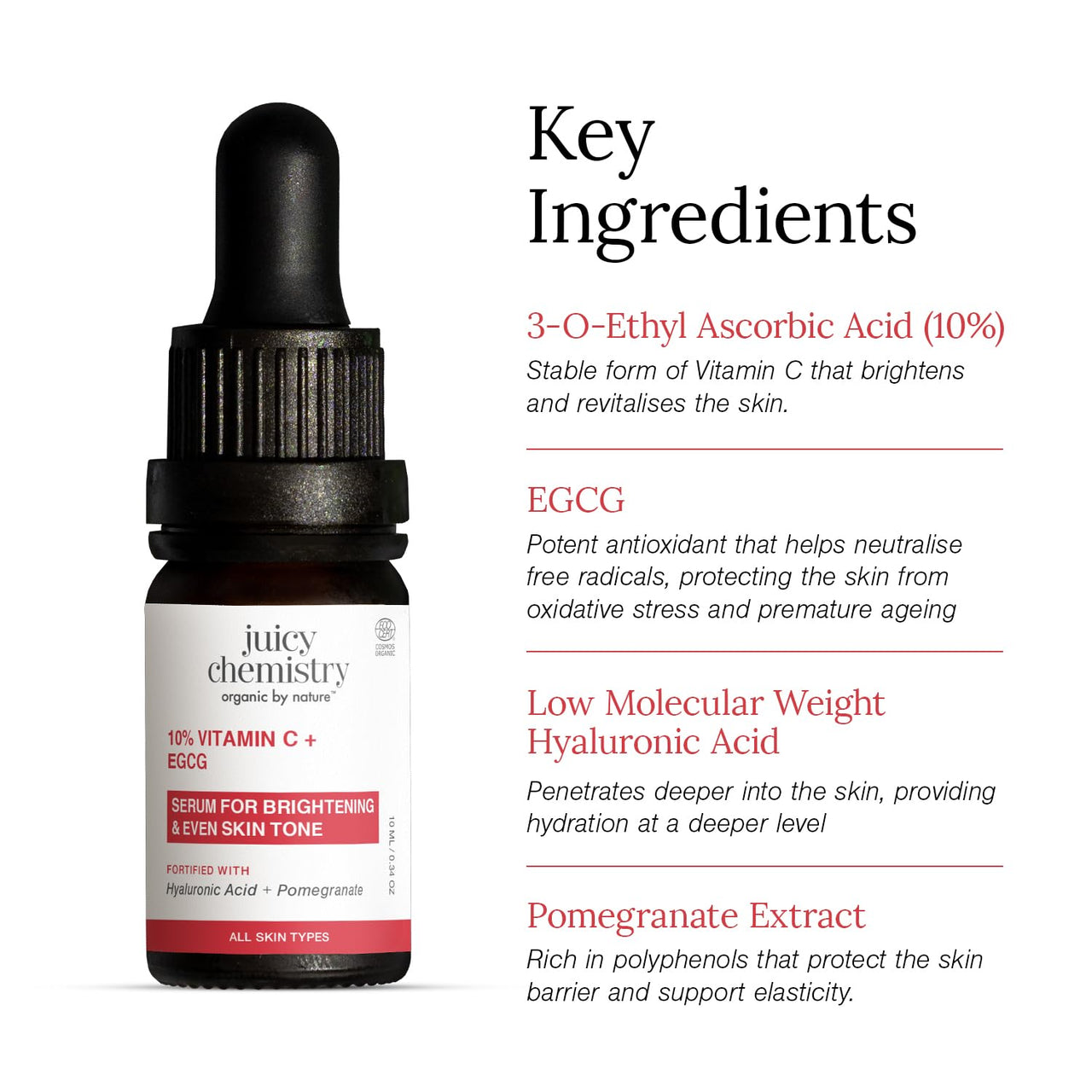 Juicy Chemistry 10% Vitamin C + EGCG Serum, 10 ml | Face Serum for Glowing Skin with Hyaluronic Acid | Fades Dark Spots, Pigmentation & Brightens Skin | Beginner Friendly - Men & Women