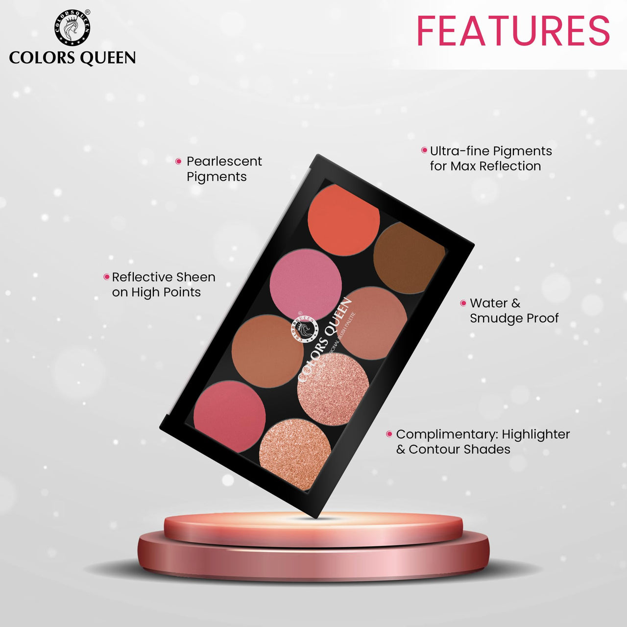 Colors Queen Ultra Professional Blush Palette with Shimmer Highlighters and Contour | Highly Pigmented & Easy to Blendable Shades | Lightweight Blush and Highlighter Palette (Shade - 03)