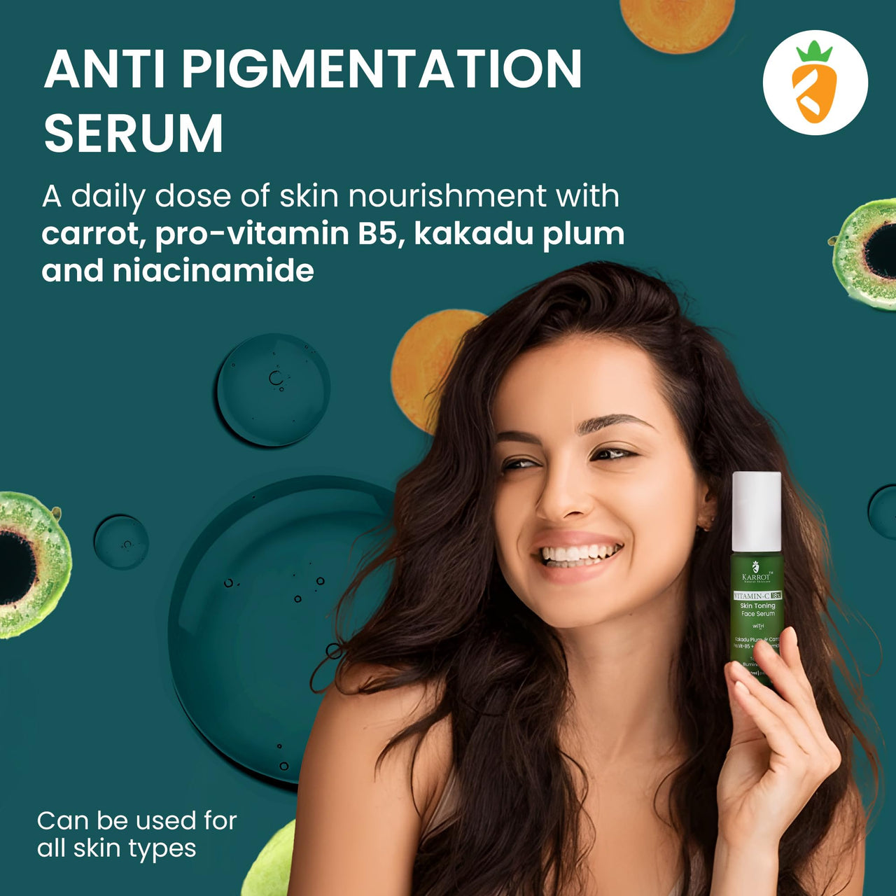 Karrot Natural Skincare Vitamin C Face Serum, 18% Concentration, Reduces Dark Spots, Improves Tone, Boosts Brightness, Contains Niacinamide, Green Tea, For Men and Women, All Skin Types, 30ml