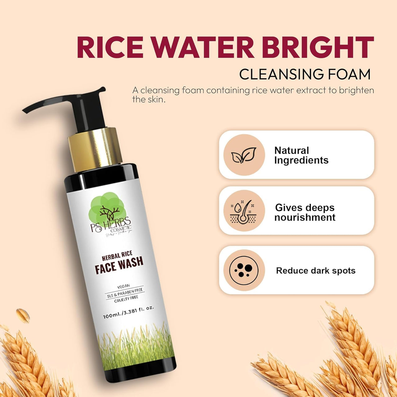 PS HERBS COSMETIC HERBS FOR A HEALTHIER YOU Herbal Rice Face Wash - Gentle Cleanser for Glowing Skin, SLS & Paraben Free, Vegan