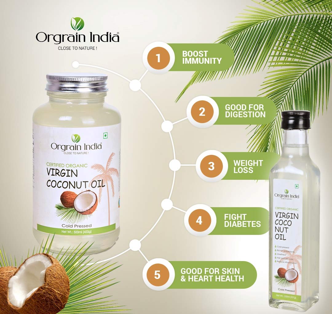 Orgrain India Certified Organic Raw Cold Pressed Extra Virgin Coconut Oil | Unrefined, Zero Heat Process, Supports Immunity, Hair & Skin, Massage, 100% Edible with Rich Tropical (250ml)