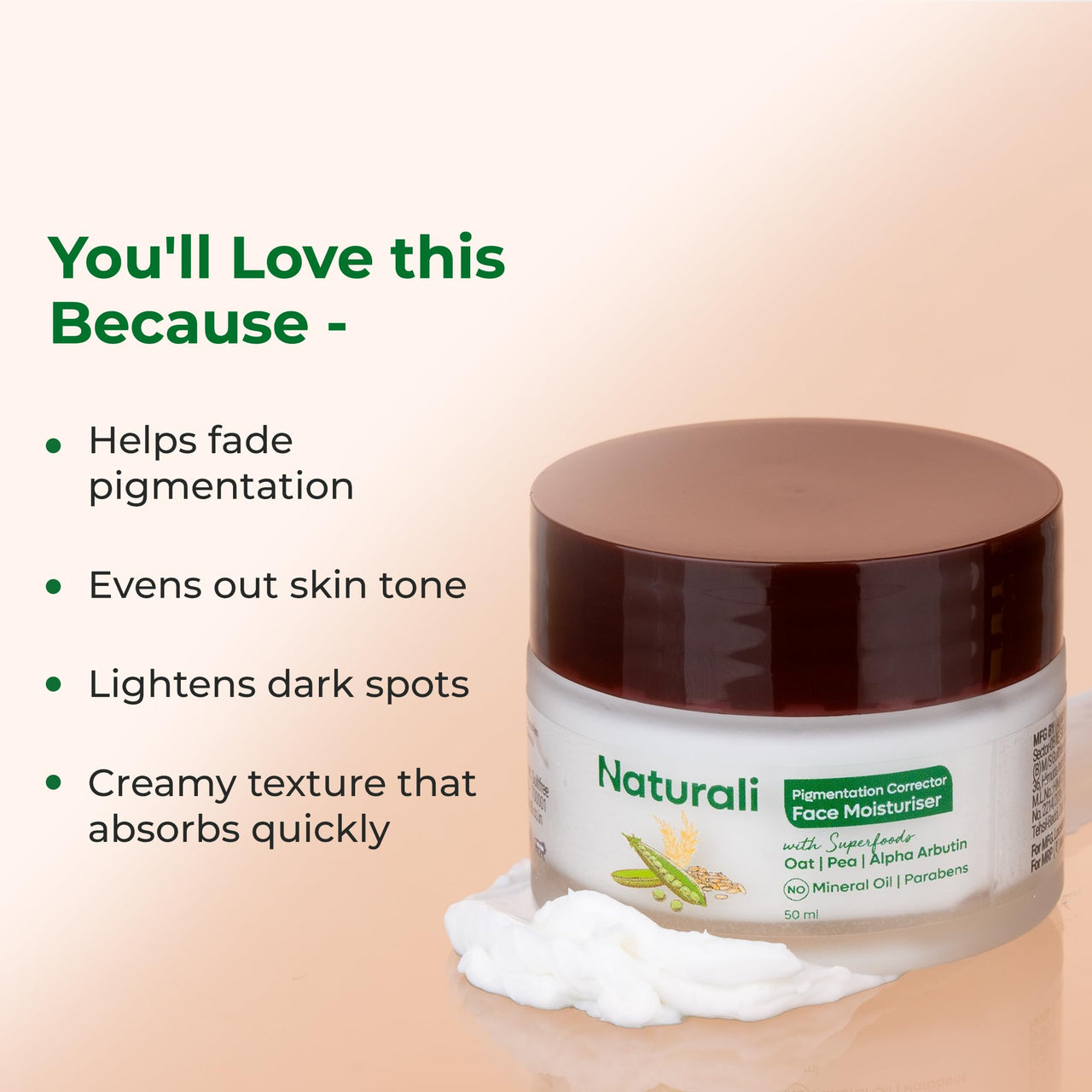 Naturali Pigmentation Corrector Moisturiser | With Superfoods Oat, Pea & Alpha Arbutin | Helps Fade Pigmentation | Evens Skin Tone & Lightens Dark Spots | Paraben-free | For All Skin Types | Best Dark Spot Corrector Moisturiser | 50ml
