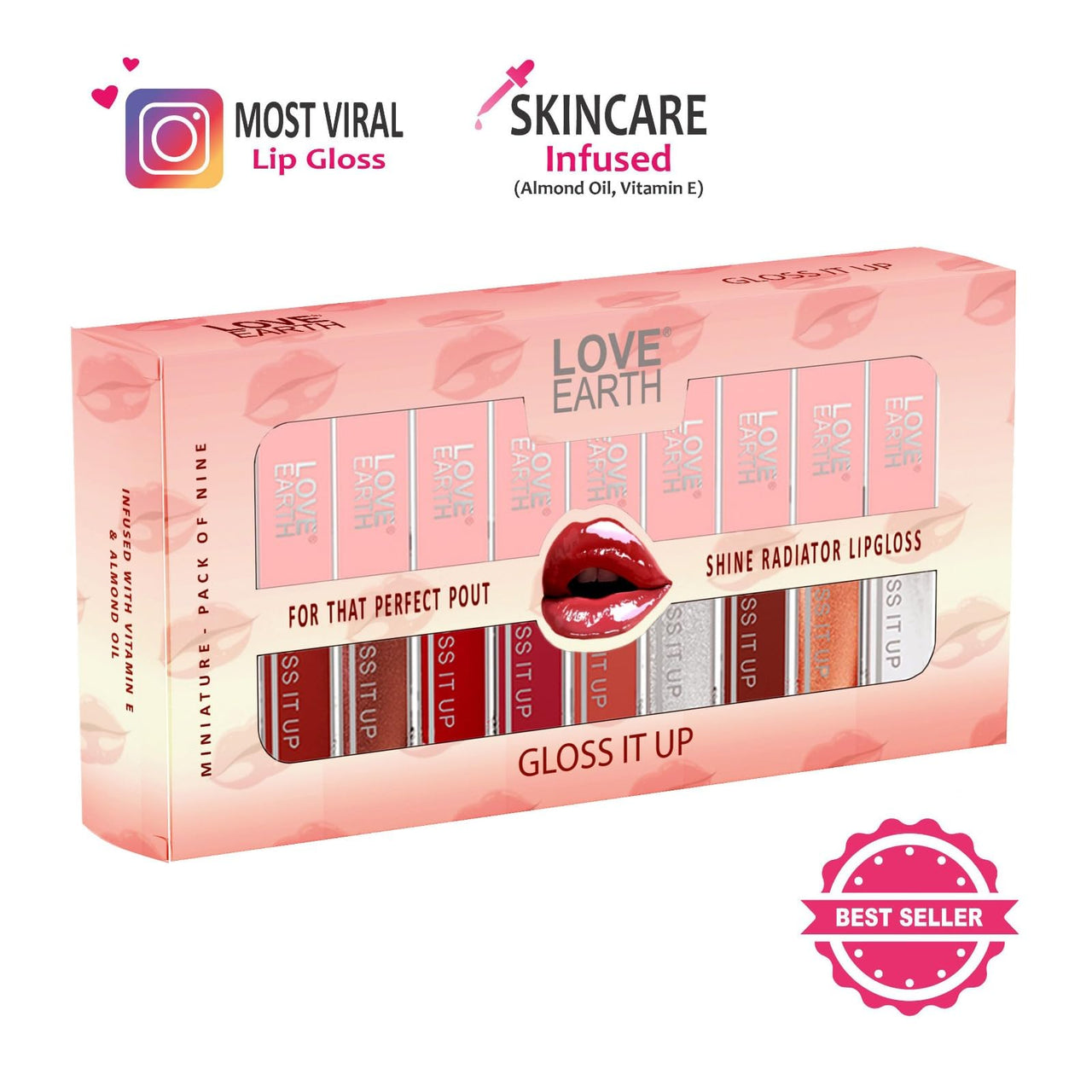 Love Earth Liquid Lip Gloss Pack Of 9 For Soft & Dewy Lips Enriched with Vitamin E & Almond Oil Lip Color For Glossy Look |Lightweight Non Sticky Lip shiner For Moisturizing Lips (Multicolor)2ml Each
