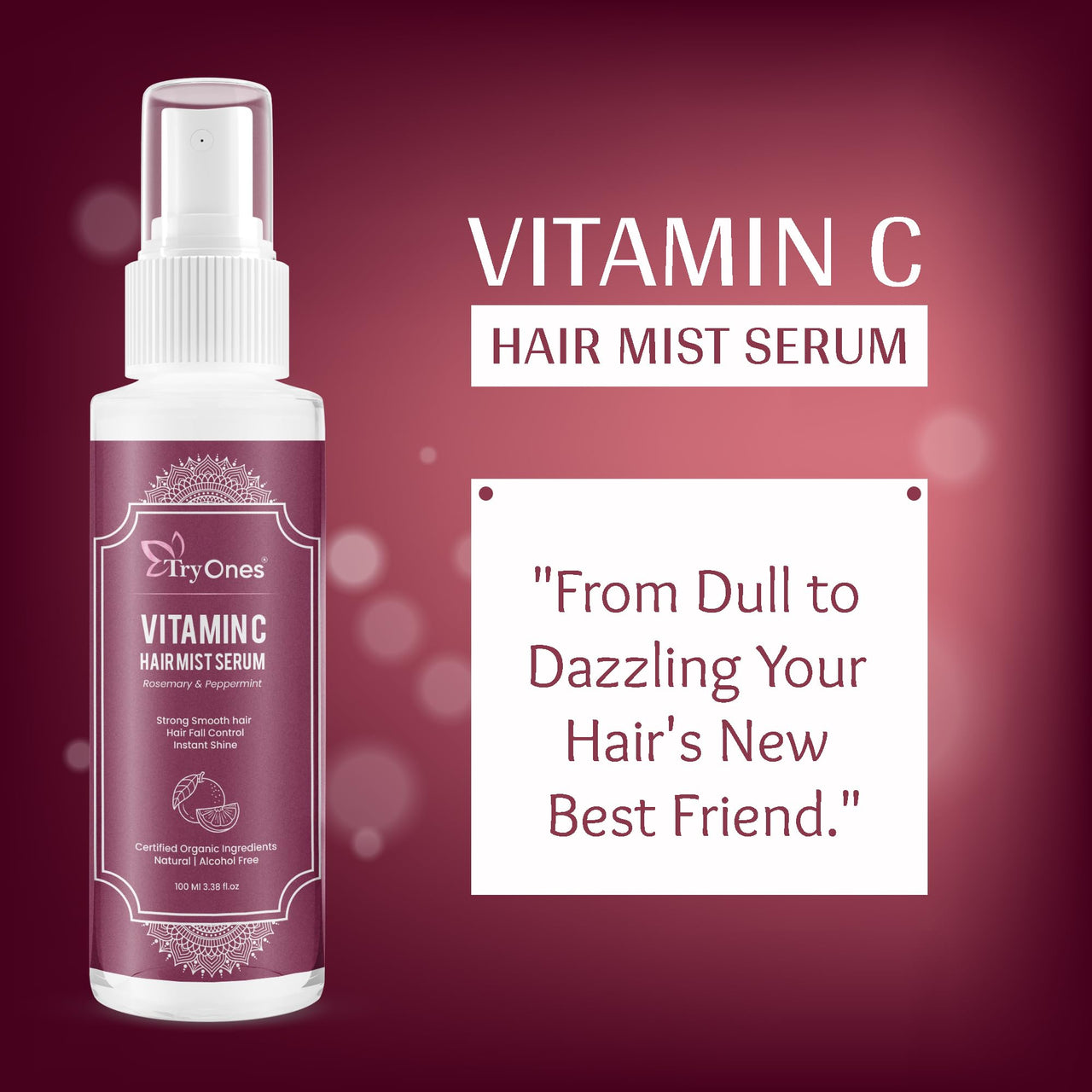 TryOnes Professional Hair Serum for Frizzy Hair||Serum for Women & Men||All Hair Types for Frizz-free, Smooth & Glossy Hair||Vitamin C Hair Mist Serum_100ML