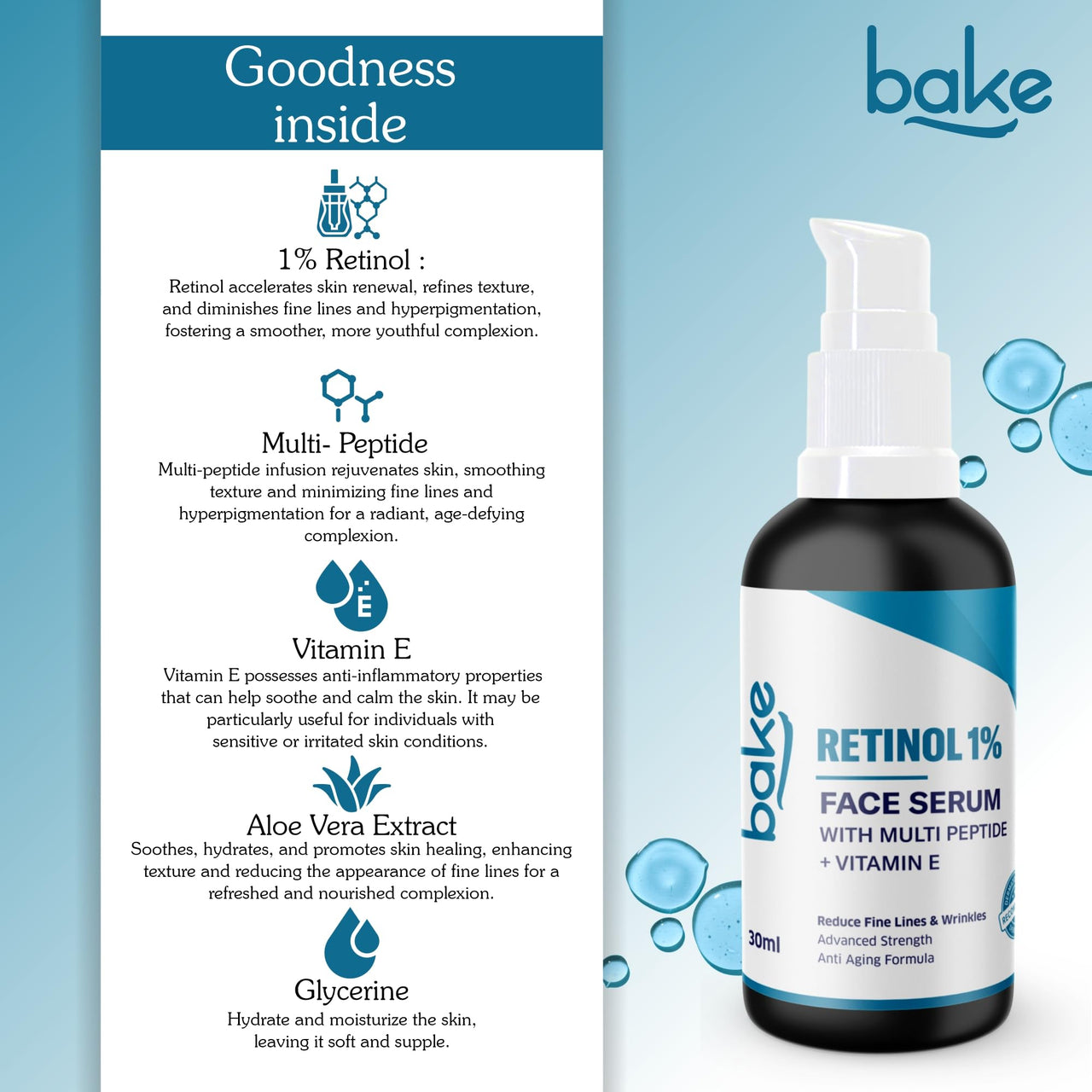 BAKE 1% Retinol Face Serum with Multi Peptides for Anti Aging,Reduces Fine Lines & Wrinkles | Advanced Strength Serum | 30ml