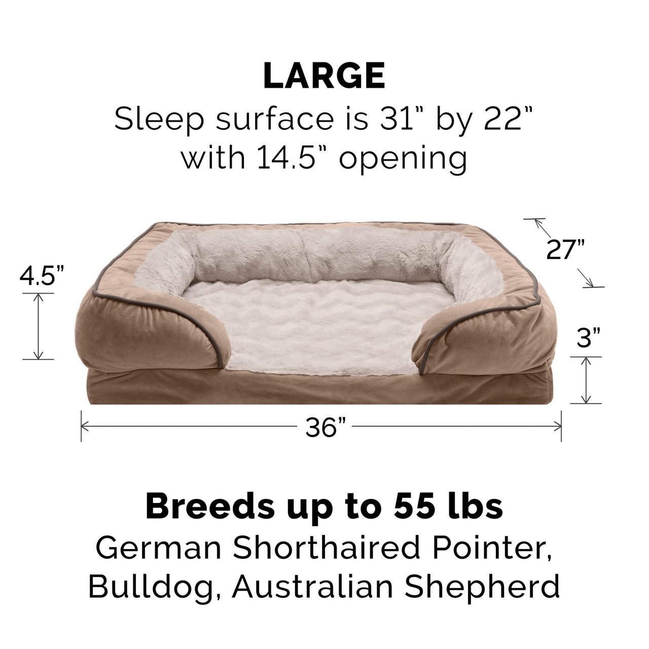 Furhaven Replacement Dog Bed Cover Perfect Comfort Plush & Velvet Waves Sofa-Style, Machine Washable - Brownstone, Large Cover Only 36.0"L x 27.0"W x 0.3"Th Sofa - Plush & Velvet Waves (Brownstone)