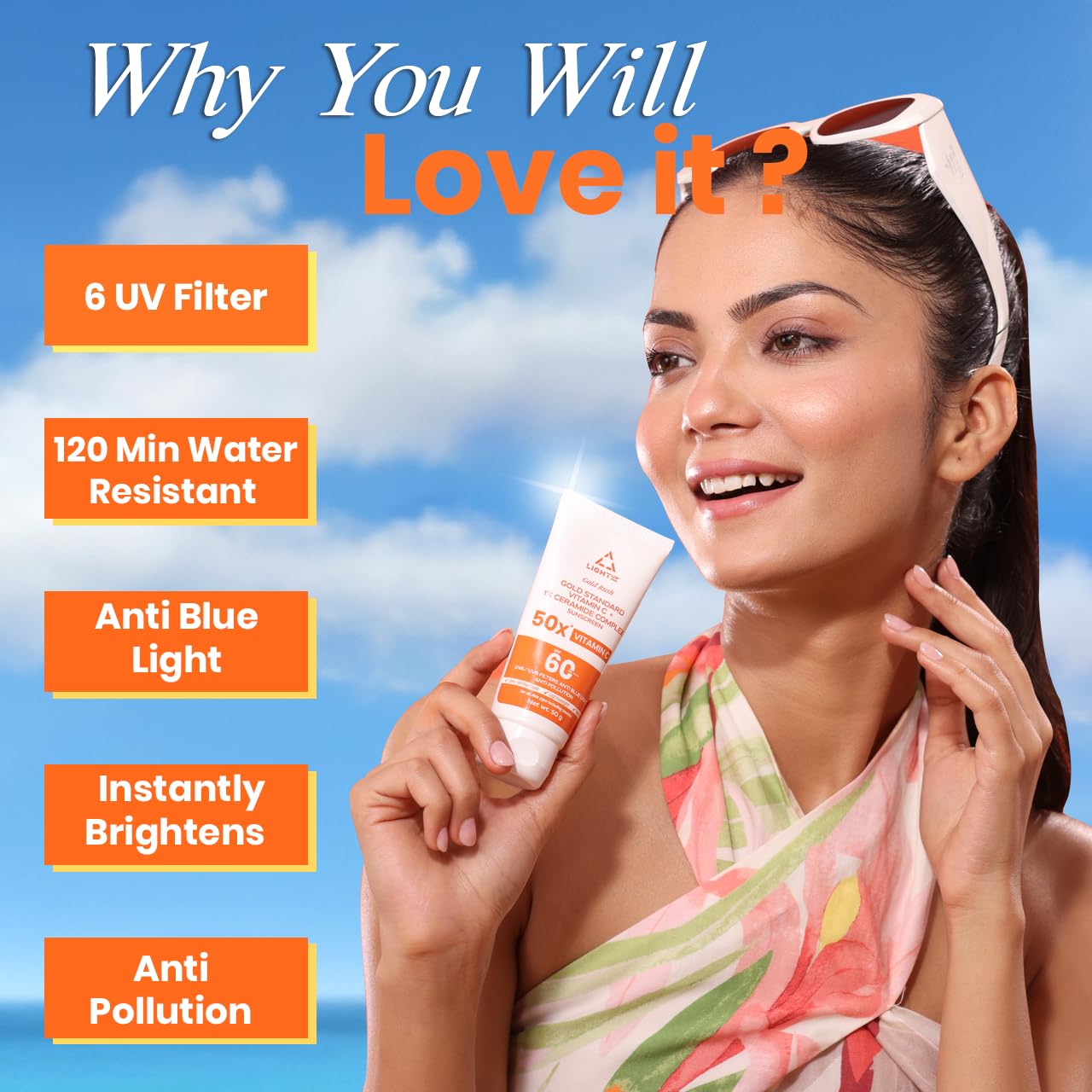 Light Up Gold Rush Gold Standard Vitamin C + 1% Ceramide Complex Sunscreen, Spf 60 Pa ++++, Uva/Uvb Filters Anti Blue Light Anti Pollution - 50G|For All, Normal, Oily, Dry, Sensitive Skin Types