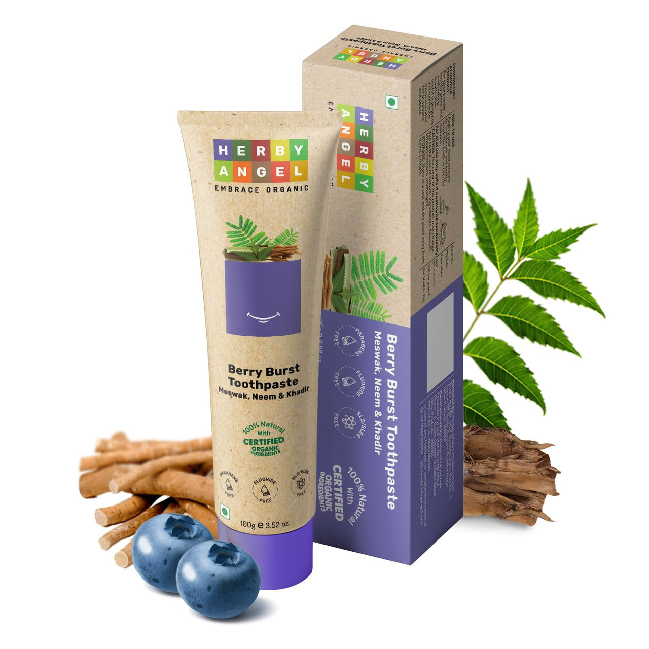 HERBY ANGEL Baby Toothpaste Berry Burst - Herbal Kids Oral Care Toothpaste With Neem, Khadir & Meswak - Promotes Strong Teeth & Healthy Gums For Toddlers & Babies 12 Months & Above - 100 Gm