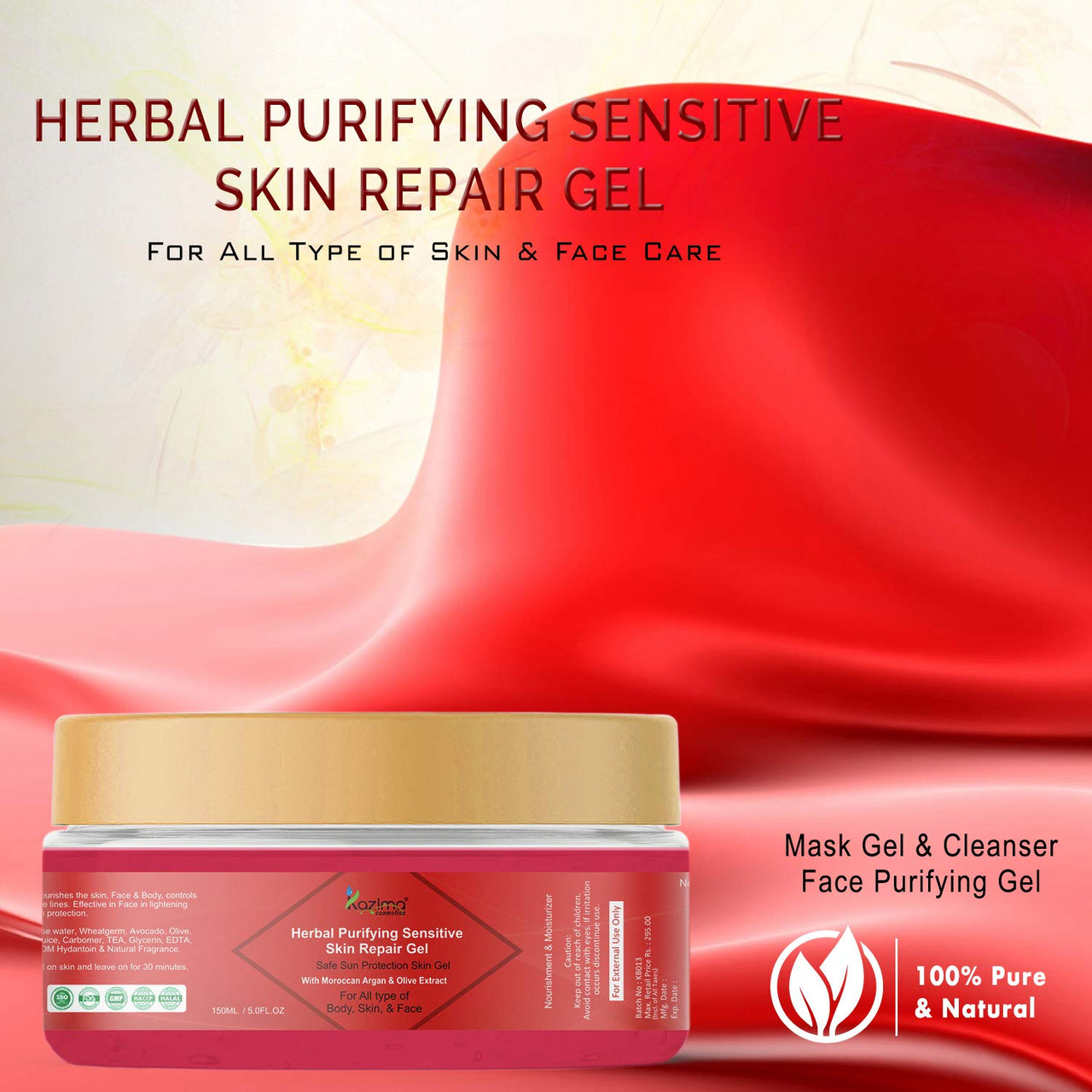 KAZIMA Herbal Purifying Sensitive Skin Repair Gel - Safe Sun Protection Skin Gel For All Type of Body, Skin, & Face (No Sulfate, No Parabens, No Xanthan, No Mineral Oil) (150ML)