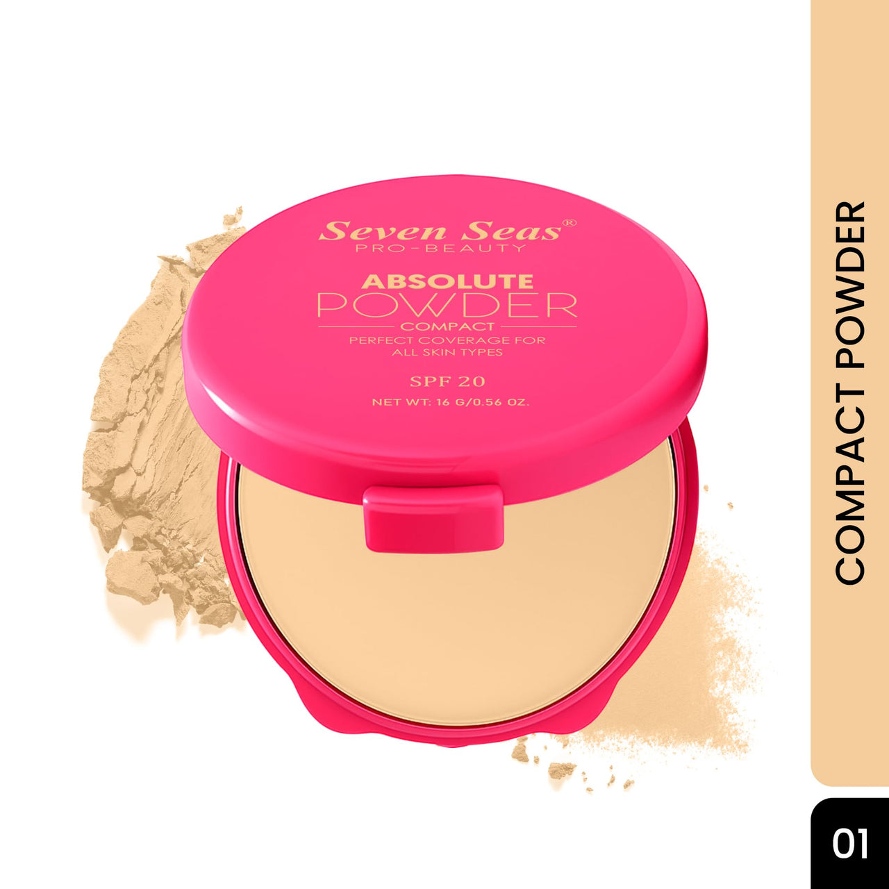 Seven Seas Absolute Compact Powder | Blends Effortlessly | Perfect Coverage | Comfortable Wear | Weightless Texture | Suitable for All Skin Types (01, 16g)