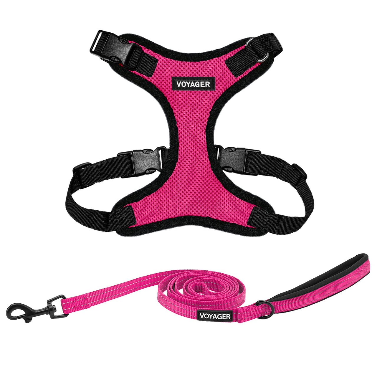 Voyager Step-in Lock Dog Harness w Reflective Dog Leash Combo Set with Neoprene Handle 5ft - Supports Small, Medium and Large Breed Puppies/Cats by Best Pet Supplies - Fuchsia/Black Trim, S