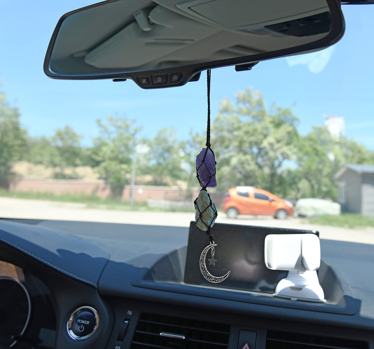 BOHO GARDEN Hanging Car Charm - Amethyst & Amazonite - Dangling Moon & Healing Crystal Accessories, Rearview Mirror Decorations - Balance, Intuition, Spirituality, Self-Love, Honesty, Clarity, Energy Amethyst-amazonite