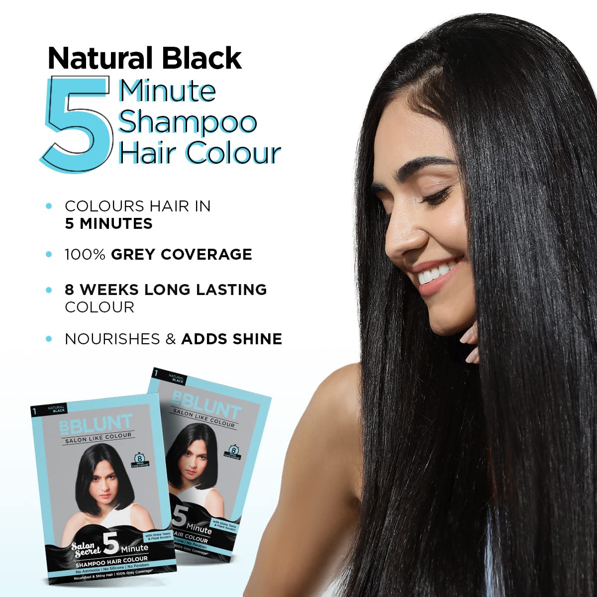 Bblunt Natural Black 5 Minute Shampoo Hair Colour For 100% Grey Coverage - 20ml X 5