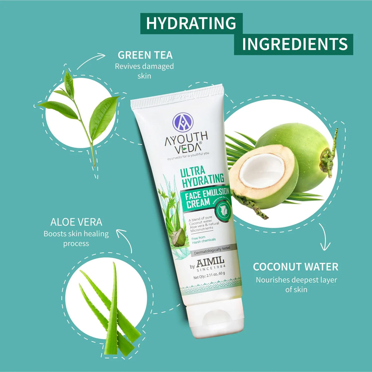 Ayouthveda Aloe Vera Bathing Soap 125g & Aloe Vera Gel 150g & Ultra Hydrating Face Emulsion Cream 60g Combo for Face, Body, Hair, Hydrates Skin without Feeling Greasy, Neem, Tulsi, Even Skin Tones