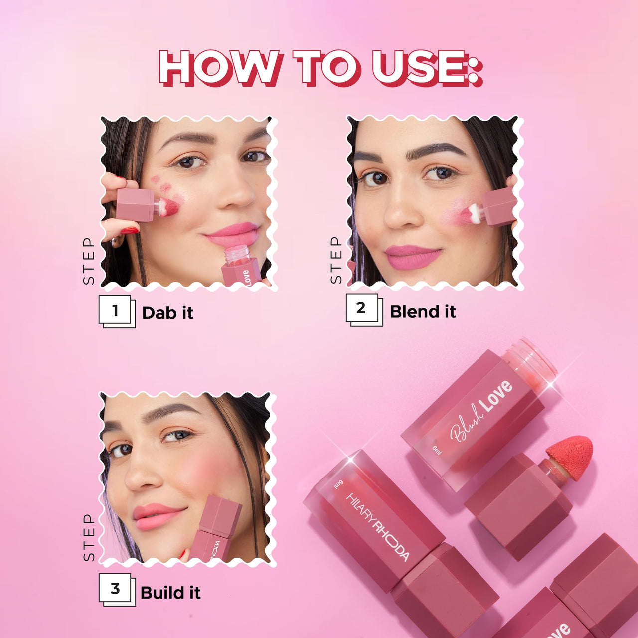 Hilary Rhoda Blush Love | Highly Pigmented Liquid Blush & Super Dewy Finish | Built-in Sponge | All Day Wear & Buildable Formula | Leak-Proof - 6ml (Scandalous | Shade 06)