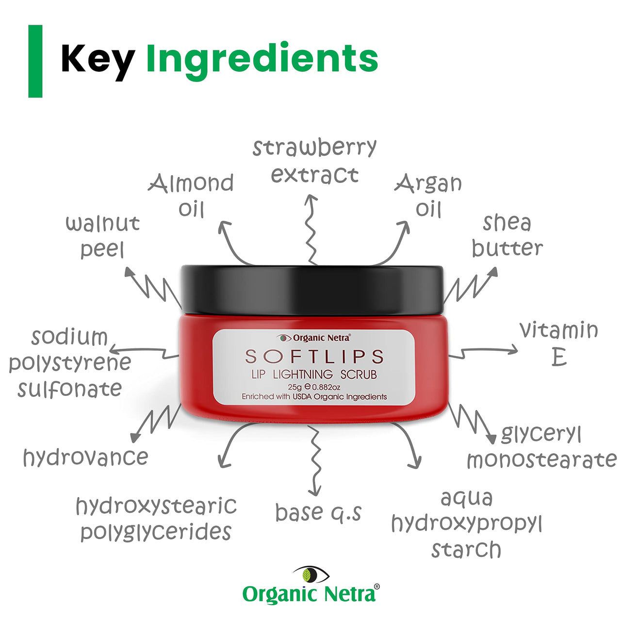 Organic Netra Lip Lightning Scrub for Soft Lip | Lightens, Brighten & Soften Lips |Moistures & Heals Dry and Chapped Lips |Enriched with Natural and Organic Ingredients with No Harmful Chemicals - 25g