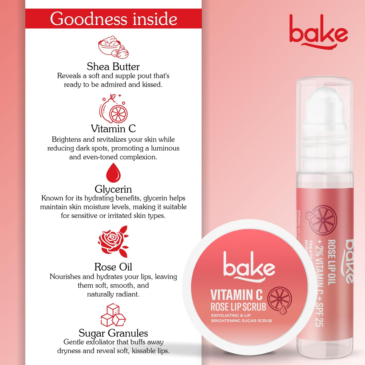BAKE Vitamin C Rose Tinted Lip Kit | Lip Lightening Scrub for Dark Lips Exfoliation | For Hyperpigmented Lips, Dehydrated Lips, Flaky Lips & Chapped Lips | For Men & Women | 25g (Rose Lip Kit)