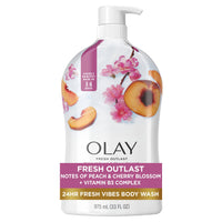 Olay Fresh Outlast Body Wash for Women, 24hr Fresh Vibes, Refreshing & Restorative, Paraben Free, Peach and Cherry Blossom Scent, 33 fl oz