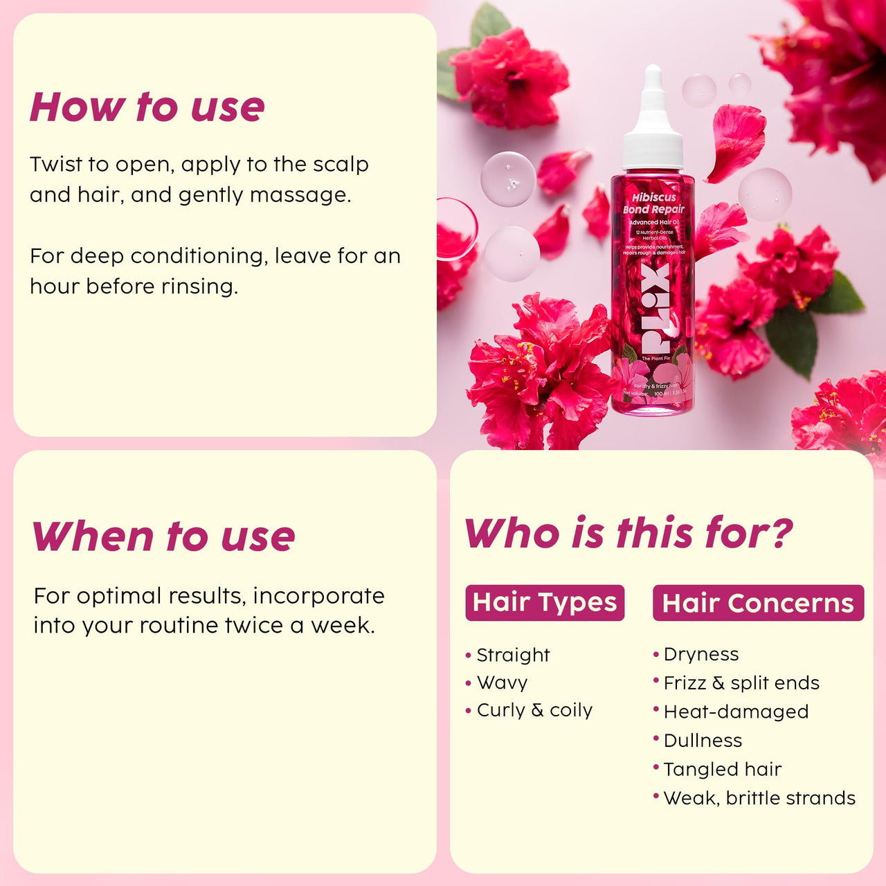 PLIX - THE PLANT FIX Hibiscus Bond Repair Advanced Hair Oil for Damaged Hair - 100ml | Repairs Damaged Hair Due To Heat Styling | Restores Strength & Reduces Breakage