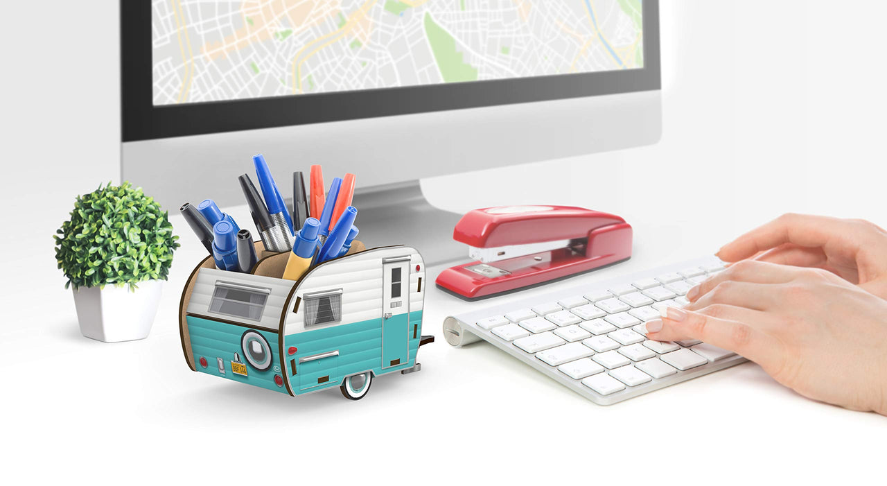 HAPPY CAMPER Vintage Camper Pencil Holder, White and Blue, Retro Desk Organizer- Great Gift for Coworkers and Travel Enthusiasts - Functional Desk & Cubicle Accessory Happy Camper