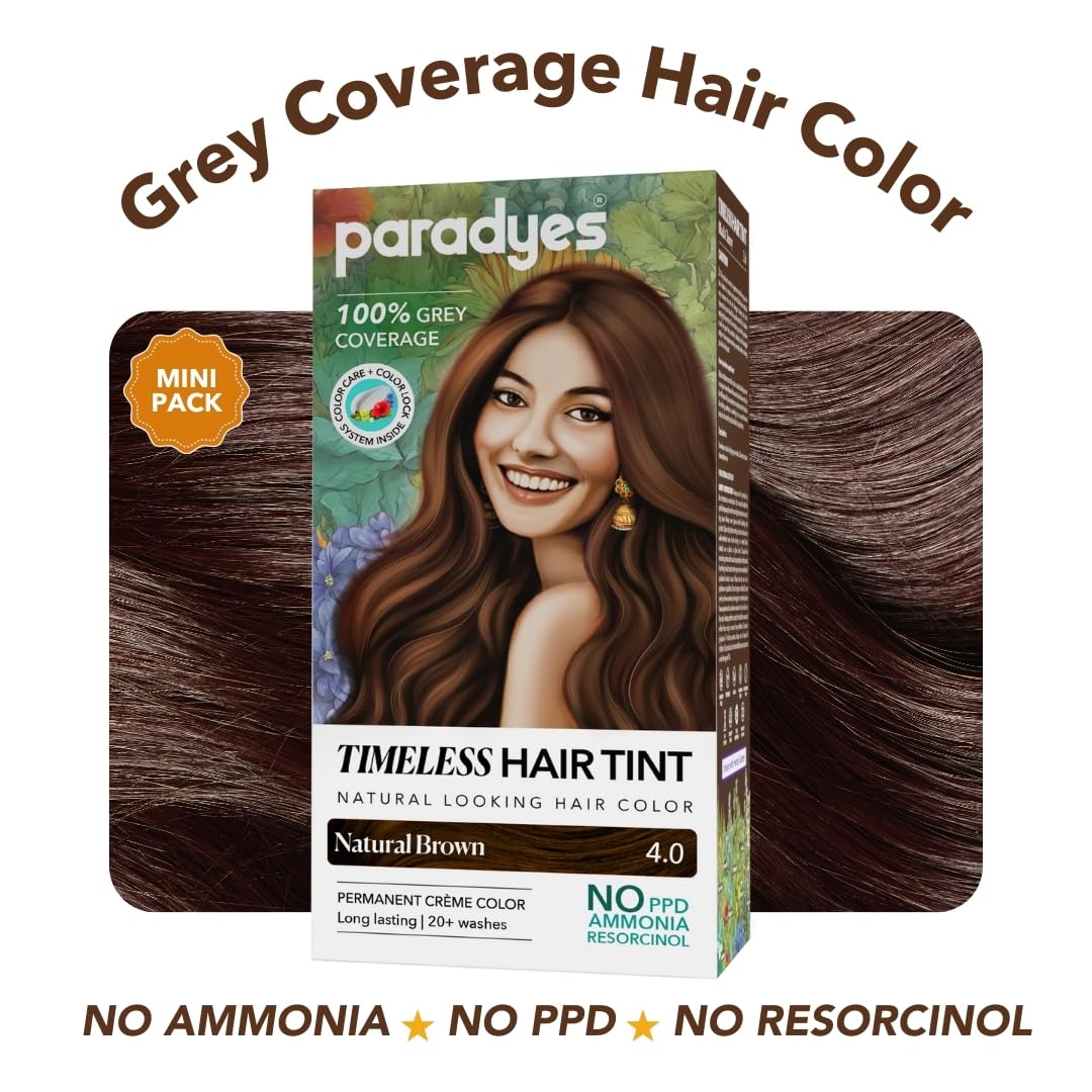 Paradyes Mini Natural Brown Timeless Hair Tint, Permanent Crème Hair Color for Hair, Complete Grey Coverage, Formula Free from PPD, Ammonia, & Resorcinol, 4.0 Natural Brown, 60 GRAM