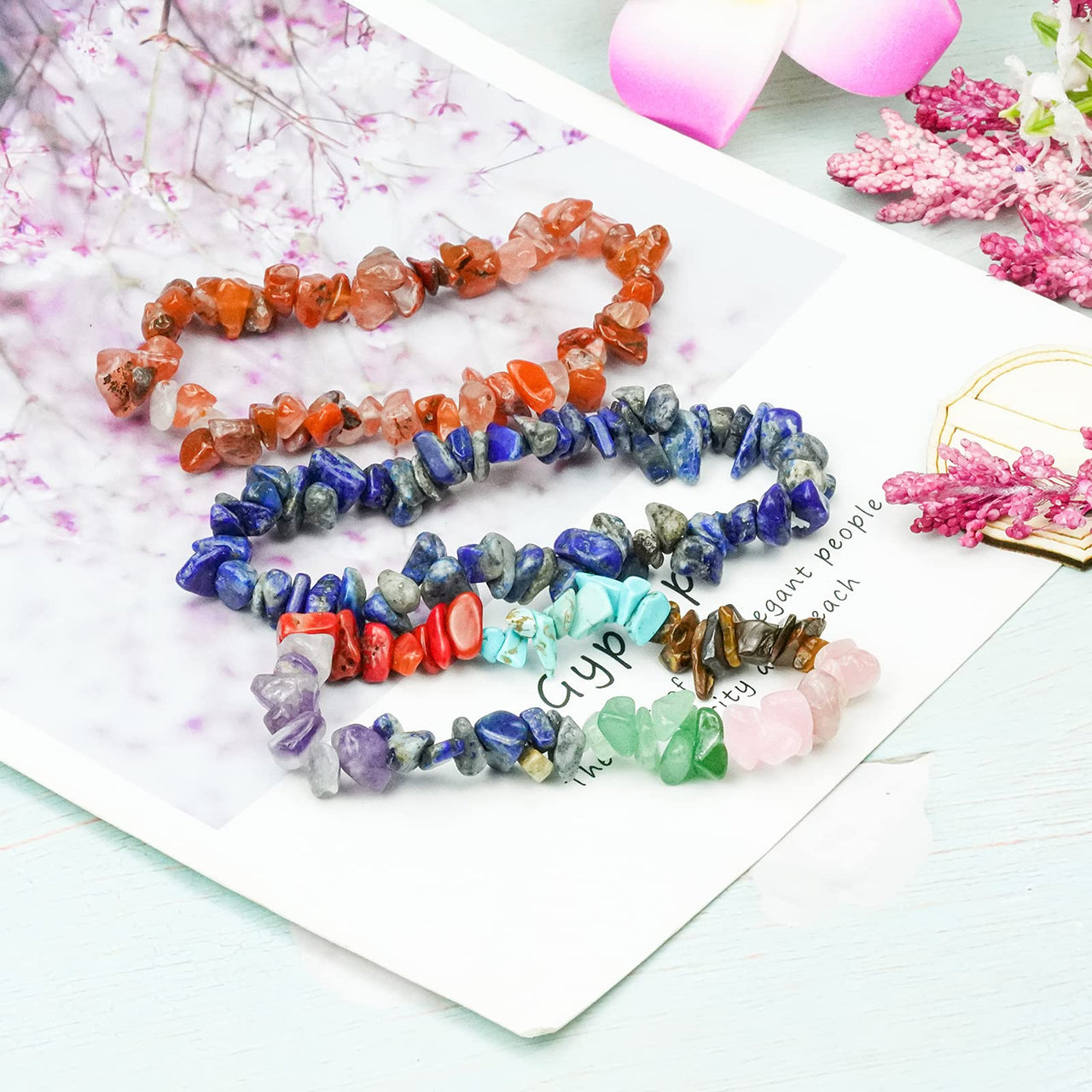 Rbenxia 12 Chakra Stones Healing Crystals Natural Gemstone Chakra Crystal Bracelets Colorful Gravel Chakra Bracelets Irregular Tumble Polished Healing Reiki Stretch Chip Bracelets
