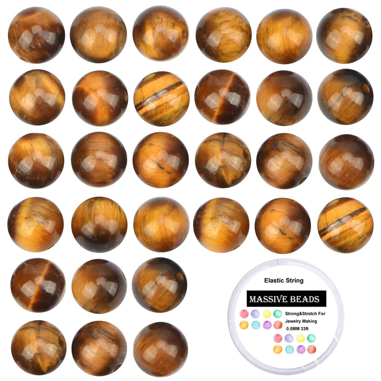 100Pcs Natural Crystal Beads Stone Gemstone Round Loose Energy Healing Beads with Free Crystal Stretch Cord for Jewelry Making (Yellow Tiger Eye, 8MM) Yellow Tiger Eye