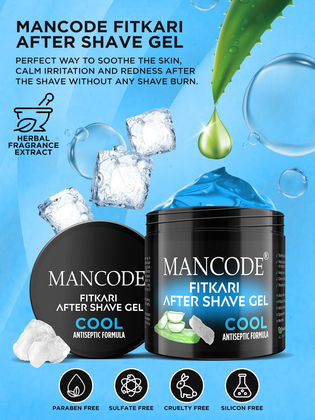 Mancode Fitkari After Shave Gel Cool for Men | Post Shave Gel | Treats Aftershave Cuts; Wounds; Razor Burn | Skin Irritation | Refreshing Aqua Fragrance | Alcohol Free After Shave 100gm (Pack of 1)