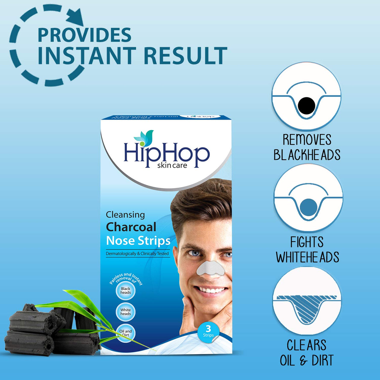 Hip Hop Skincare Charcoal Nose Strips for Men - Blackhead Remover (3 Strips), blue (Pack of 2)