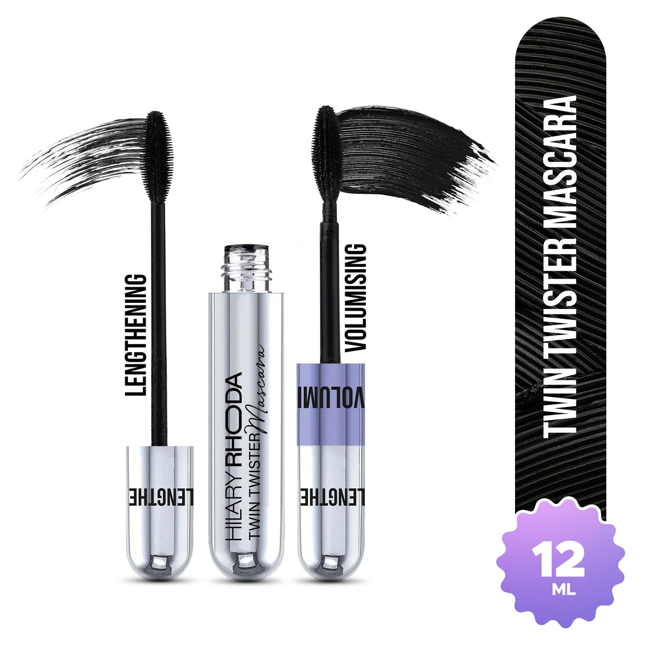 Hilary Rhoda Twin Twister Mascara | Volumises & Lengthens | Waterproof & Smudge-Proof Formula | Enhances Curl & Clump-Free | Highly Pigmented - 12ml