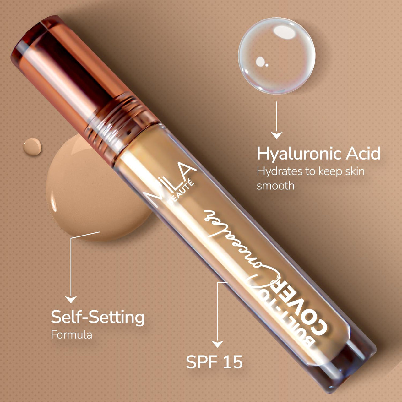 Mila Beauté Built to Cover Liquid Concealer for Women With Spf & Hyaluronic Acid| Full Coverage Matte Finish Concealer for Dark Circles | Easily Blendable & Waterproof Formula| Suitable for Indian Skin Tones - 104N Natural Beige