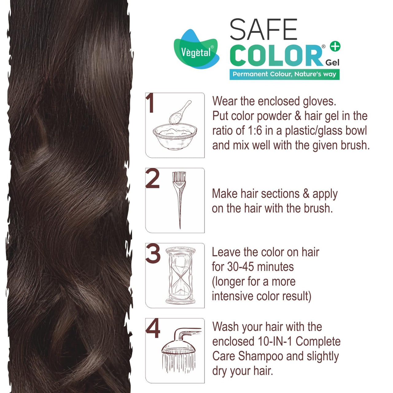 Vegetal Safe Color Dark Brown 3.0, 70ml. I Permanent Gel Hair Colour, Organic Herbs Blend, Chemical-Free, 100% Grey Coverage