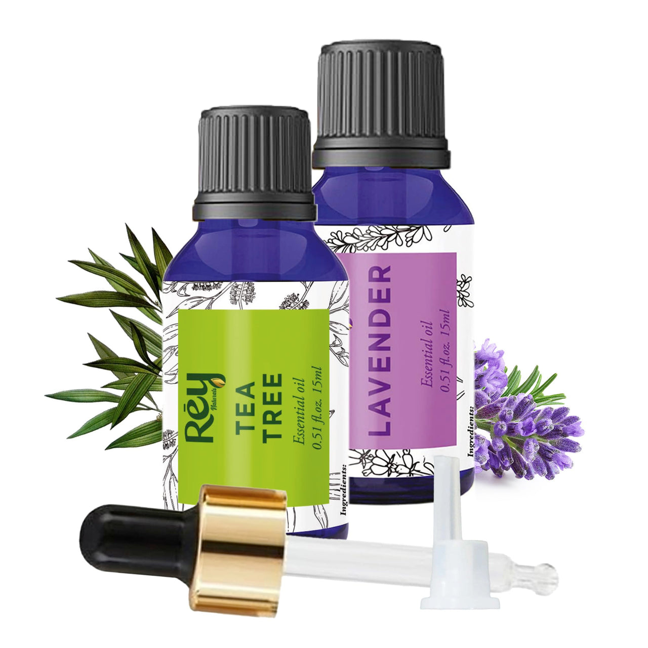 Rey Naturals Lavender Essential Oil & Tea Tree Oil For Dandruff & Acne, Aromatherapy, Stress Relief | Essential Oil For Diffuser, Cold & Cough, Dark Spots | For All Skin & Hair Types - 15ml*2