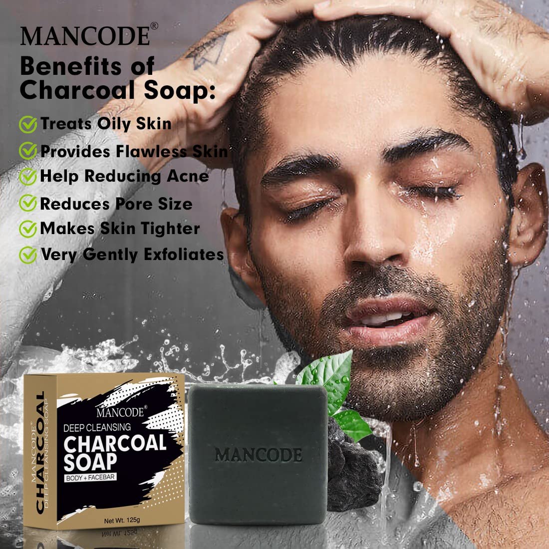 Mancode Activated Charcoal Soap - 125gram | Treats Oily Skin | Refreshing | Black Color Bar Soap | Natural Essential Oil Extract - 100% Vegetable Soap | Suitable for All Skin Types Pack of 3