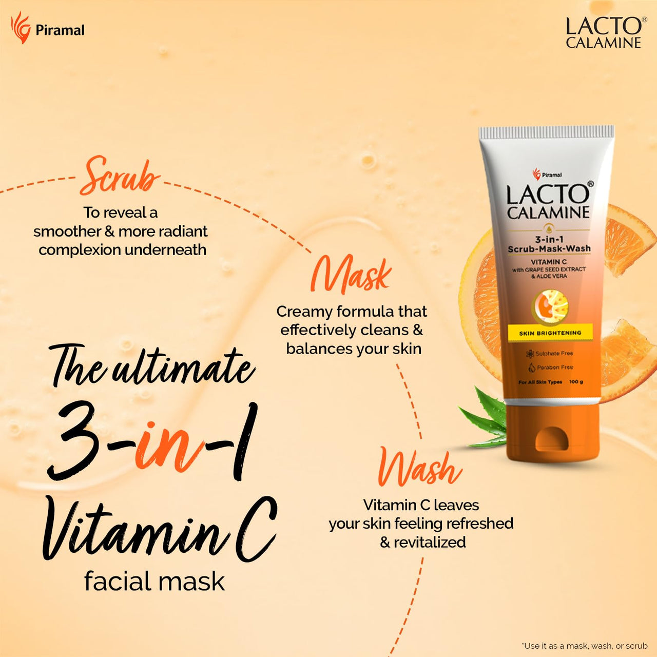 Lacto Calamine 3-in-1 Vitamin C Face Scrub-Mask-Wash for Skin Brightening Effect | 100ml x 1 | Multi-action Vitamin C Face Wash, Face Scrub, Face Mask with Kaolin Clay, Grape Seed Extract & Aloe Vera