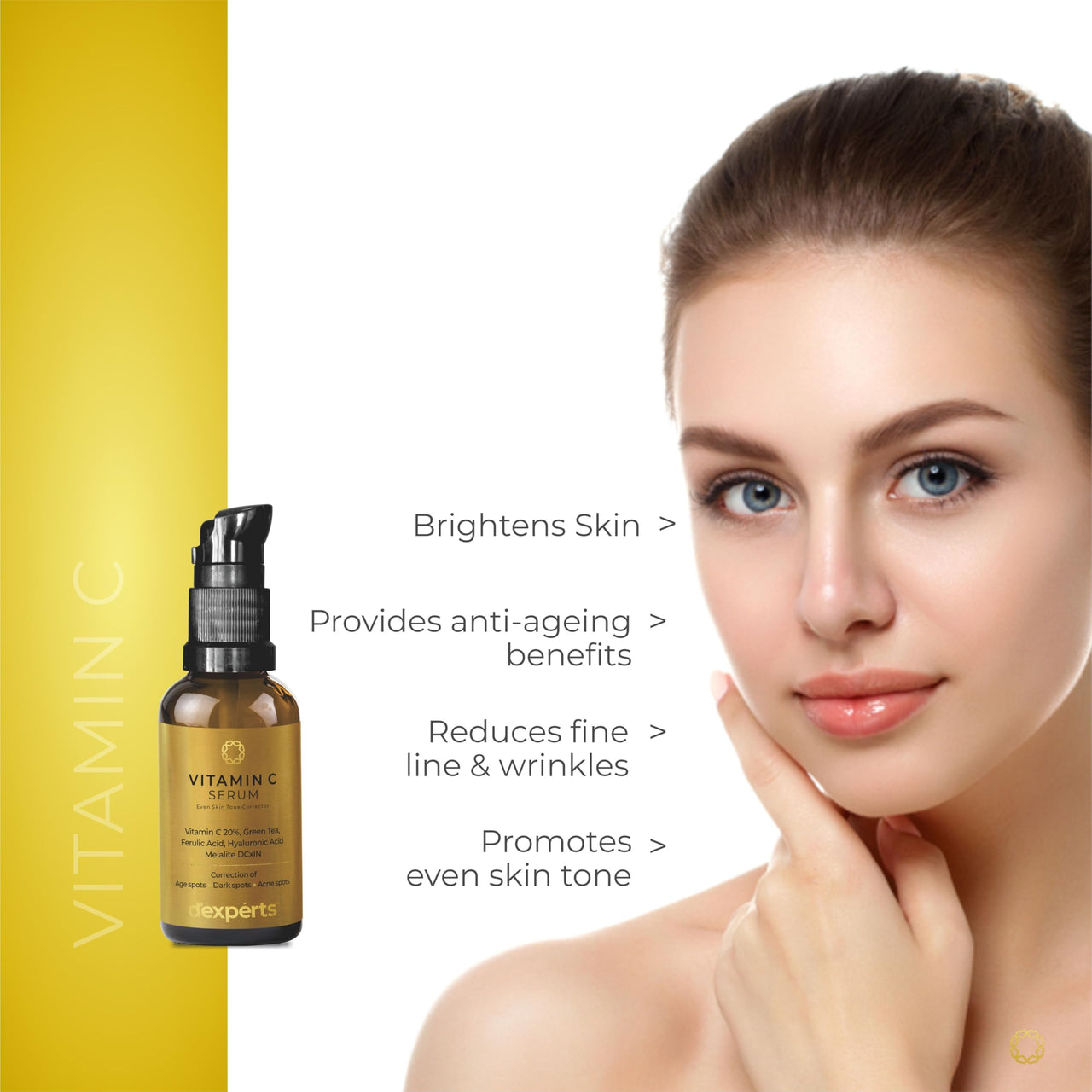 Brinton d'experts Vitamin C Serum with Green Tea, Ferulic Acid, Hyaluronic Acid | Correction of Age Spots, Dark Spots & Acne Spots | Reduces Fine Lines & Wrinkles | For All Skin Types 30ml