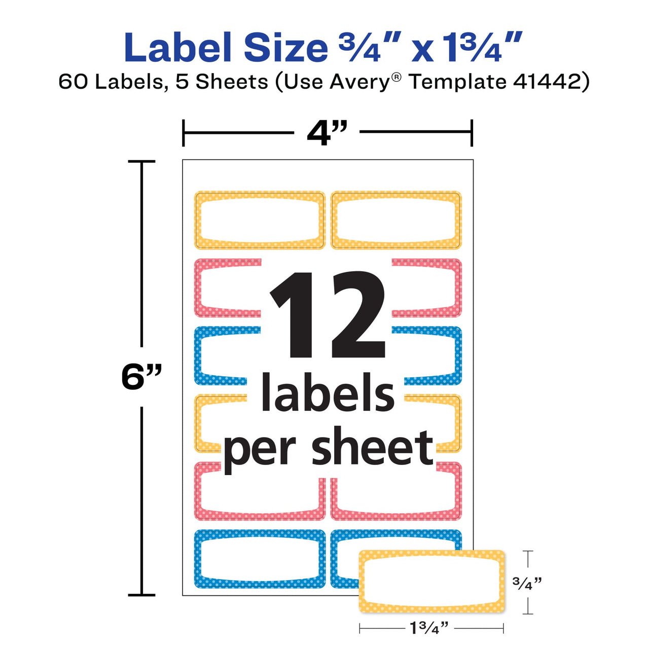 Avery(R) Durable Labels for Kids' Gear, 3/4" x 1-3/4", Assorted Border Colors, Water-Resistant Labels, 60 Rectangle Labels Total (41442) 1 Pack