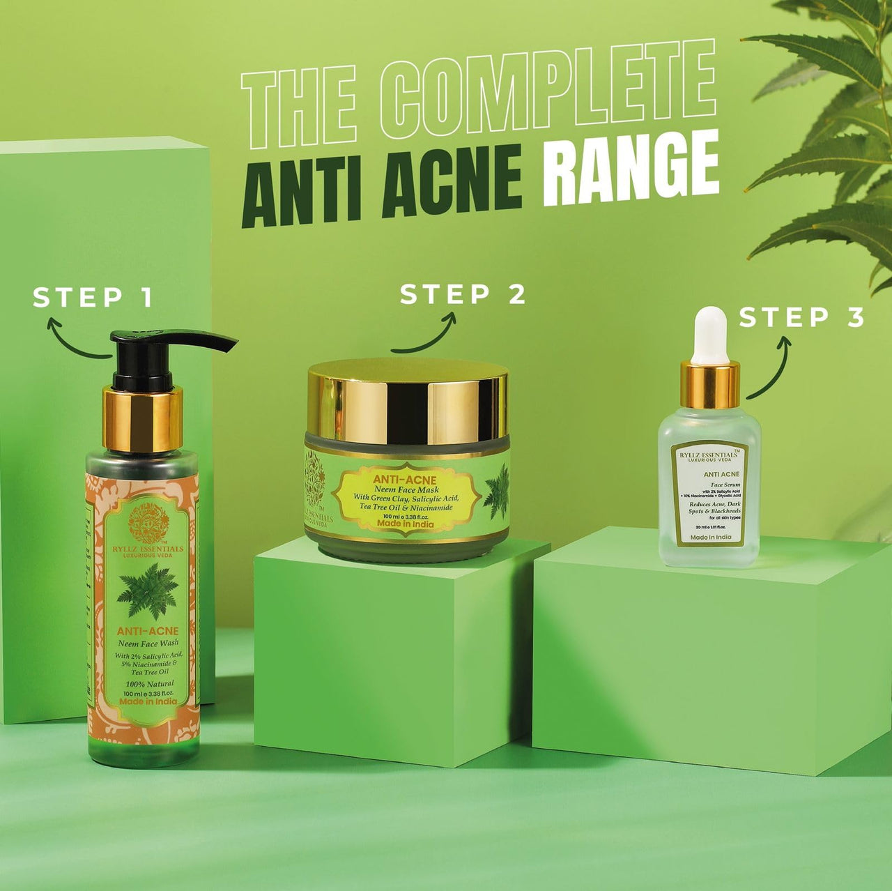 RYLLZ ESSENTIALS Anti-Acne Face Serum | with 2% Salicylic Acid, 10% Niacinamide, 3% Glycolic Acid, Hyaluronic Acid, Neem Extract & Basil Extract | For Acne, Blackheads, Dark Spots, Oil Control & Open Pores | 30ml