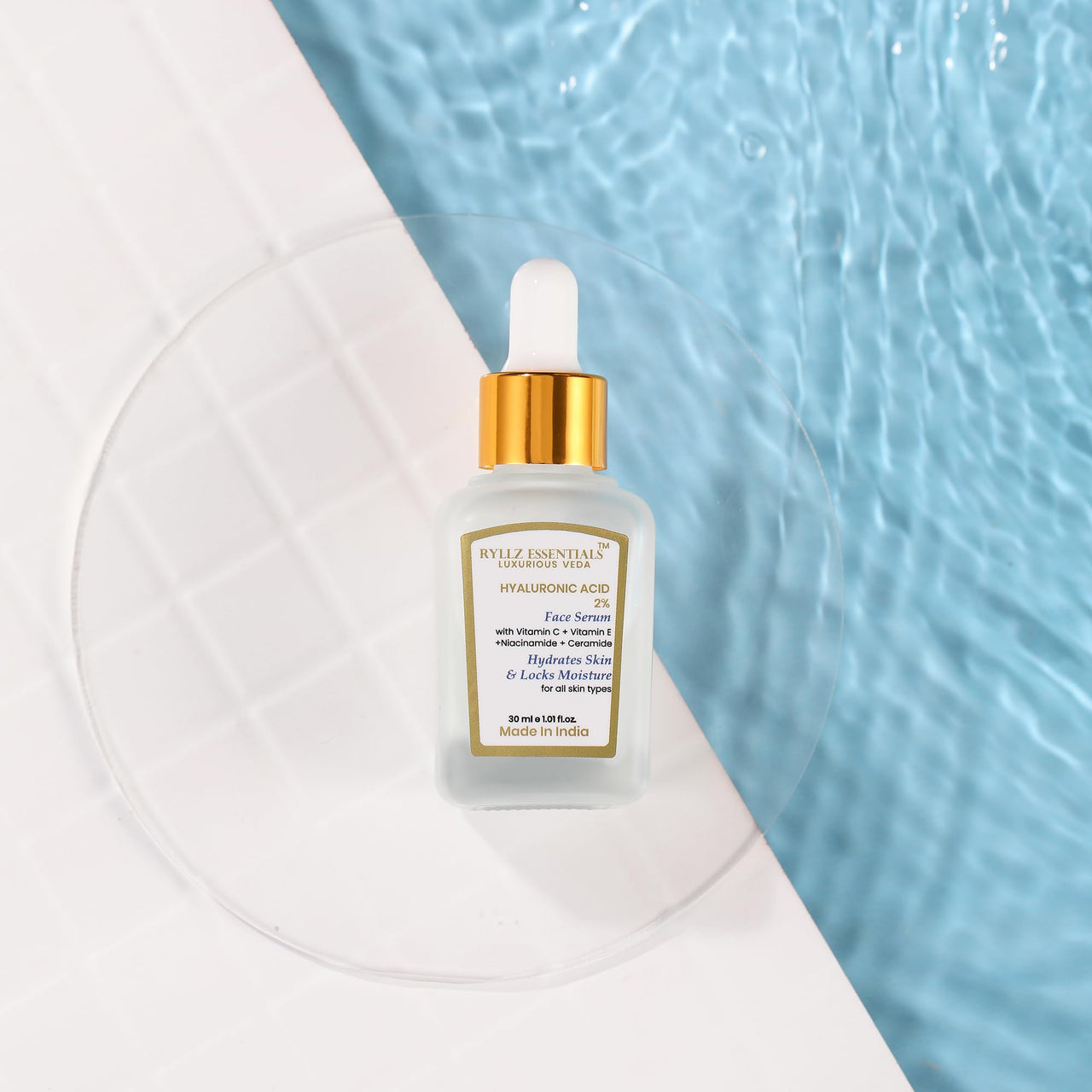 RYLLZ ESSENTIALS 2% Hyaluronic Acid Face Serum | with Ceramide, 5% Niacinamide, Aloe Vera, Vitamin E & Vitamin C | for Intense Hydration, Barrier Repair, Glowing Skin & Fine Lines | 30ml