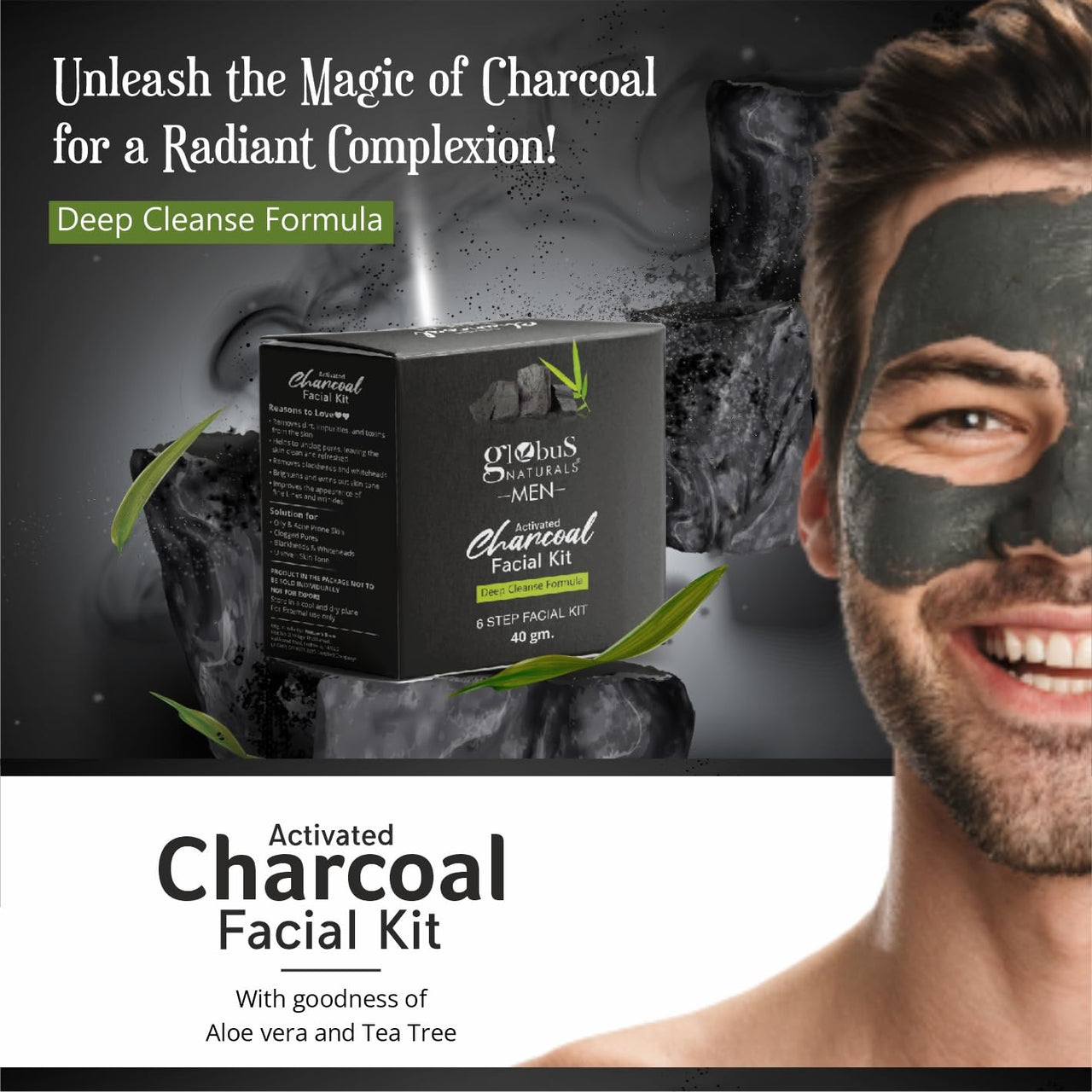Globus Naturals Charcoal Men Face Wash & Facial Kit Combo, Anti Pollution Formula, For Normal to Oily Skin