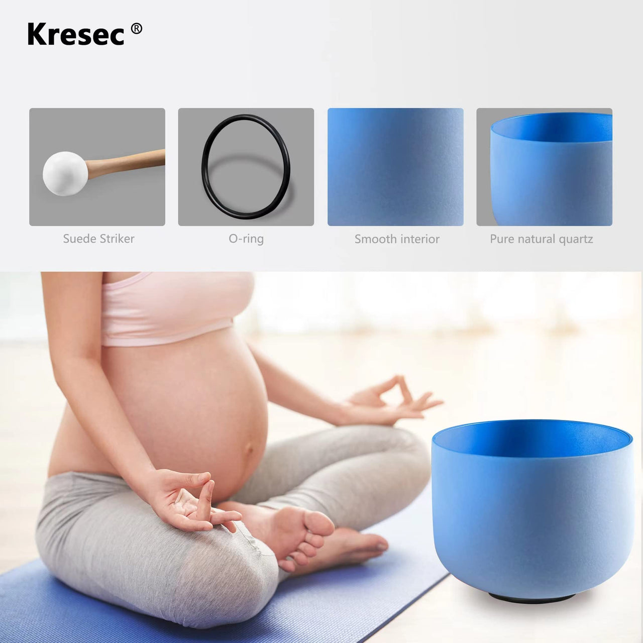 Kresec Blue 8 Inch 432Hz Perfect Pitch Crystal Singing Bowl G Note (¡À10 cents) Throat Chakra with O-ring and Mallet for Meditation, Yoga, Spiritual and Body Healing and Energy Cleansing Blue G Note