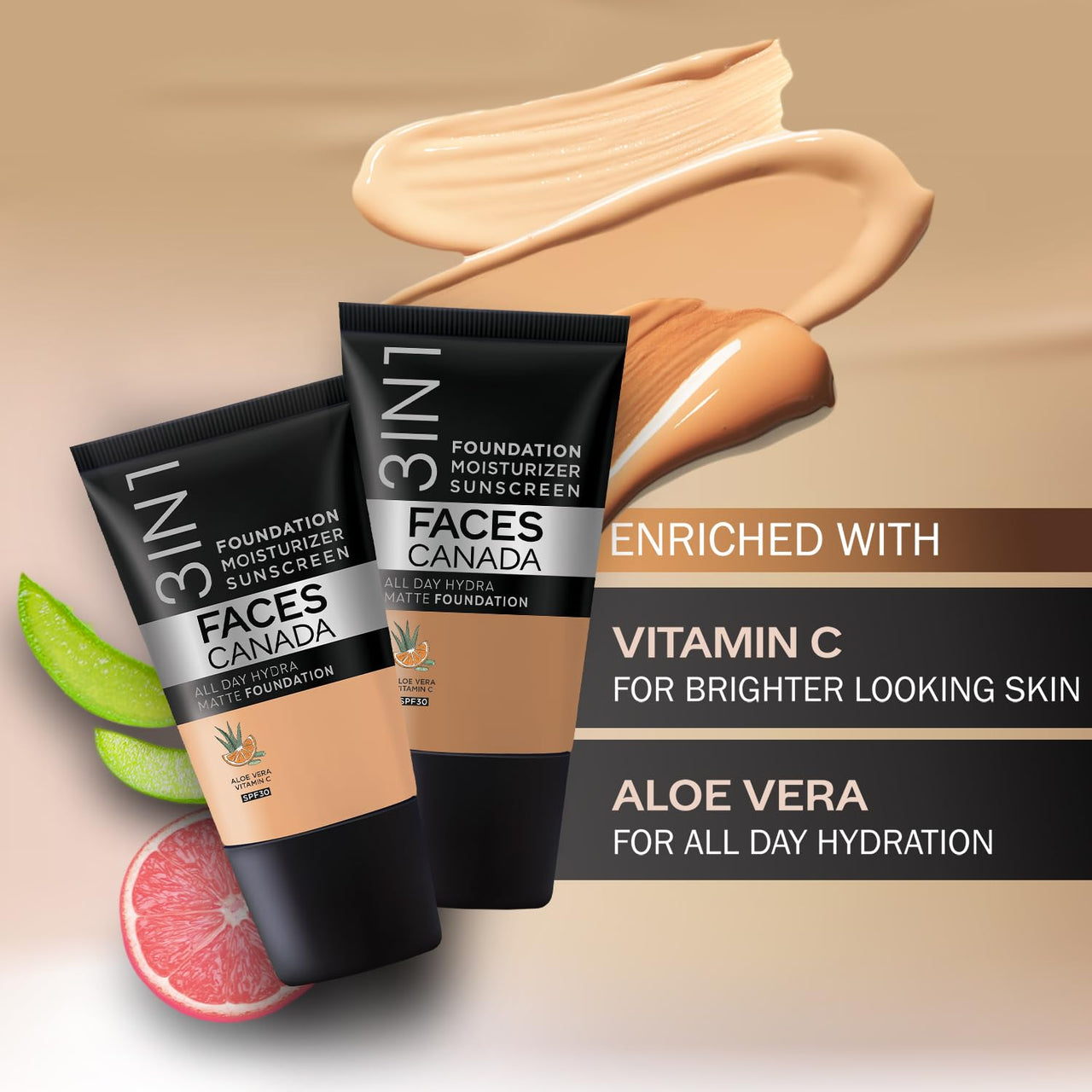 FACES CANADA All Day Hydra Matte Foundation - Mini | 3in1 Foundation + Moisturizer + SPF 30 | 24 HR Aloe Hydration & Vitamin C | 10HR Wear | Medium to High Buildable Coverage | Warm Natural (18 ml)