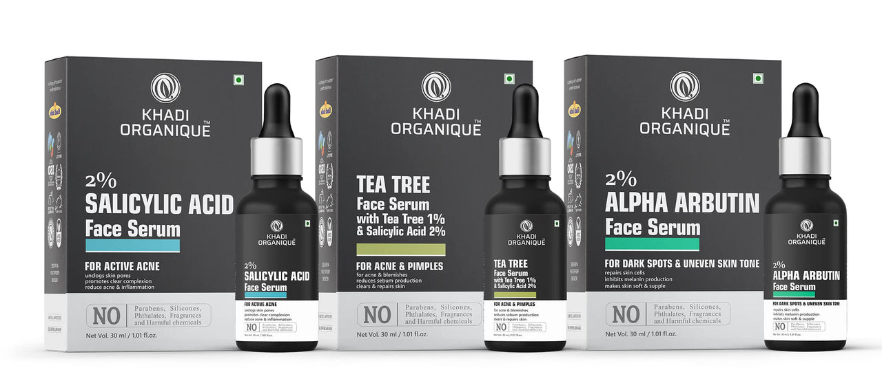 Khadi Organique Salicylic Acid, Tea Tree & Alpha Arbutin Face Serum For Skin Brightening, Reduce Hyperpigmentation, No Artificial Fragrance (Pack of 3) 90 ml